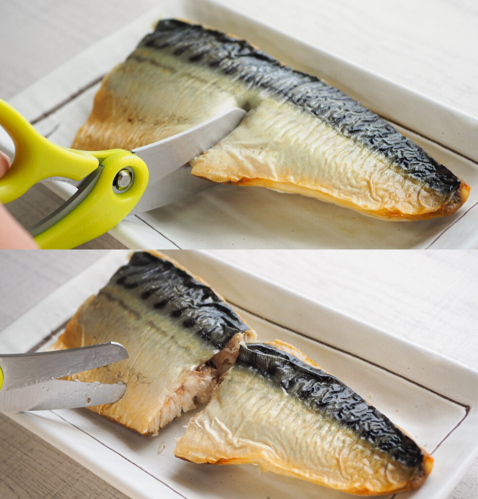 グリーンベルのステンレス製フードカッターは焼き魚もカット可能。高齢者の方(シニア層)のお食事もサポートします。