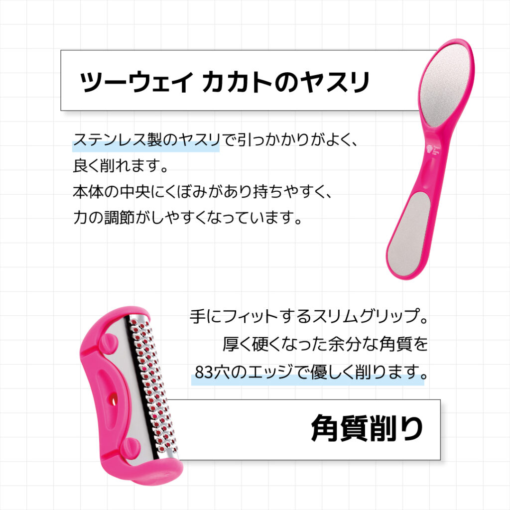 手にフィットするスリムグリップ。
厚く硬くなった余分な角質を
83穴のエッジで優しく削ります。ステンレス製のヤスリで引っかかりがよく、
良く削れます。
本体の中央にくぼみがあり持ちやすく、
力の調節がしやすくなっています。ツーウェイ カカトのヤスリ角質削り